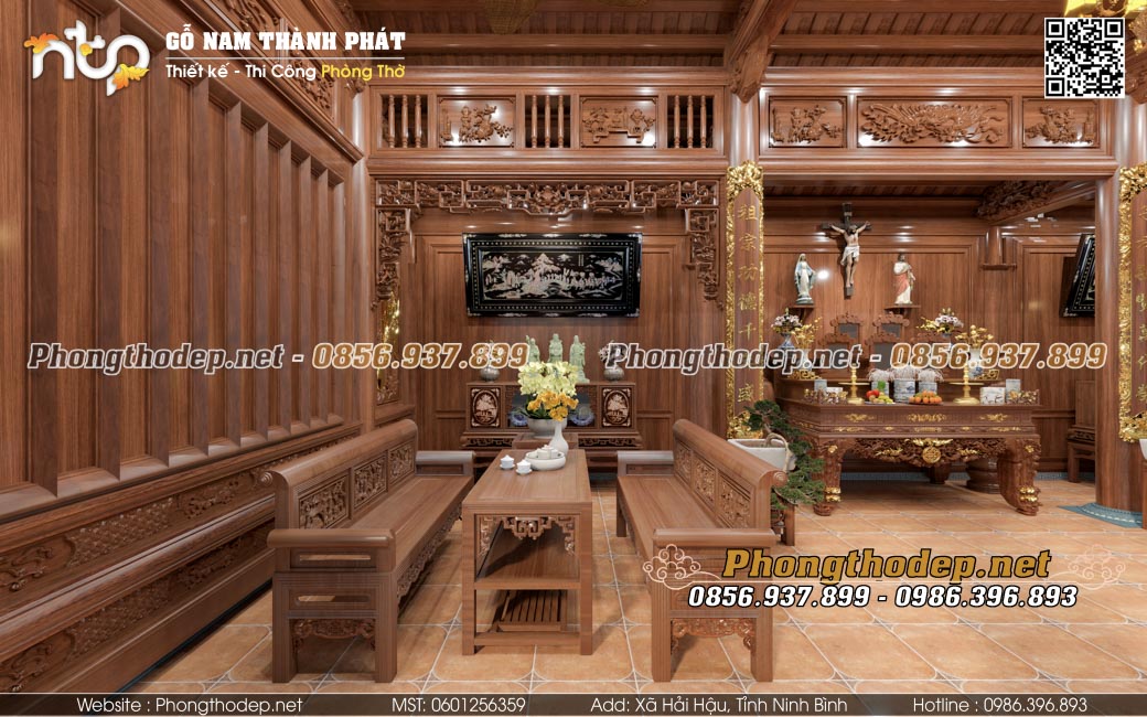 Nội thất gian phải nhà gỗ 3 gian thờ công giáo